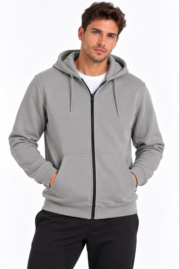 Men's 3 Thread Zipper Hooded Zip-Up Sweat Jacket Winter Soft Inside with Bone-Like Texture