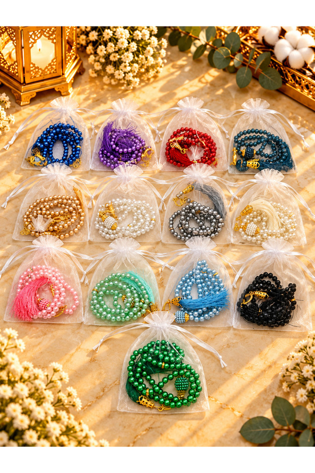 10 Pieces Mixed Color Gift Tulle Pouch Pearl Prayer Beads (Mevli̇d-Hac-Umre-Sünnet)