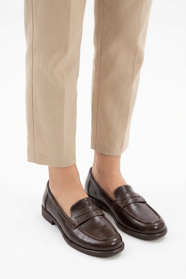 Olep Flat Toe Stitched Women's Loafer Ballet Flats Brown Wrinkled