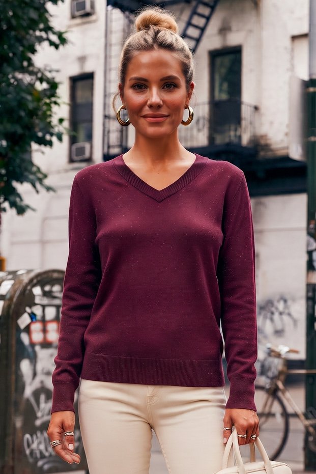 Burgundy V-Neck Cuffed Sleeves Slim Shiny Casual Knitwear Sweater 65 65