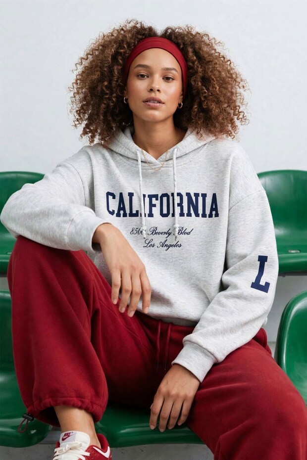Women's Hooded California Printed Sweatshirt - Snow Melange