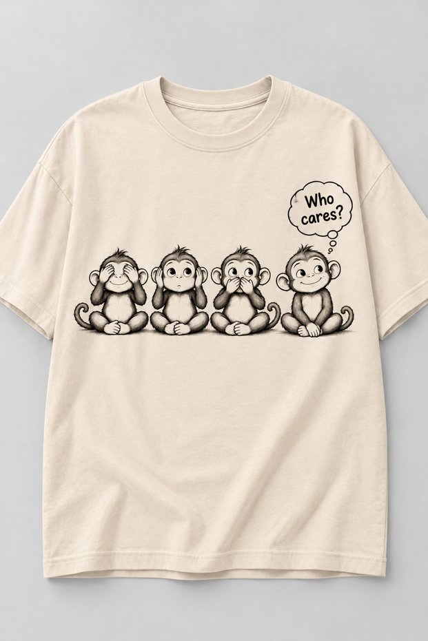 Women's Ecru Oversize Combed Cotton T-Shirt - Four Monkeys Who Cares Printed Crew Neck Short Sleeve Tshirt
