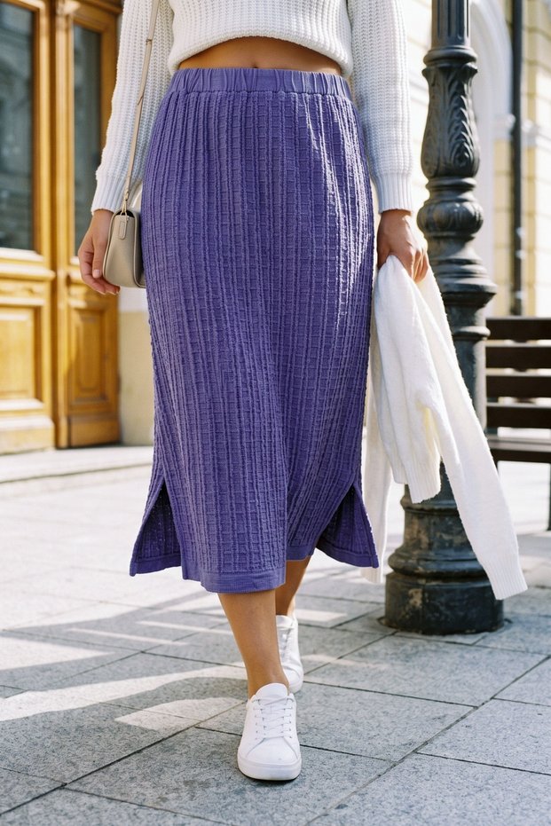 Purple Slit Elastic Waist Casual Jacquard Knit Oversize Knitwear Skirt 90 75