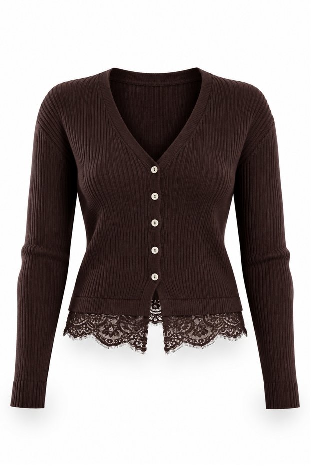 Brown Cardigan with Ruffled Hem 2748