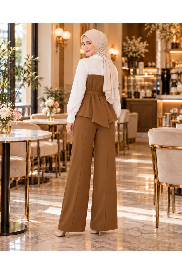 Belted Waist, Original Design - Women's Collared Asymmetrical Blouse and Slit Wide-Leg Imported Crepe Trousers Two-Piece Set