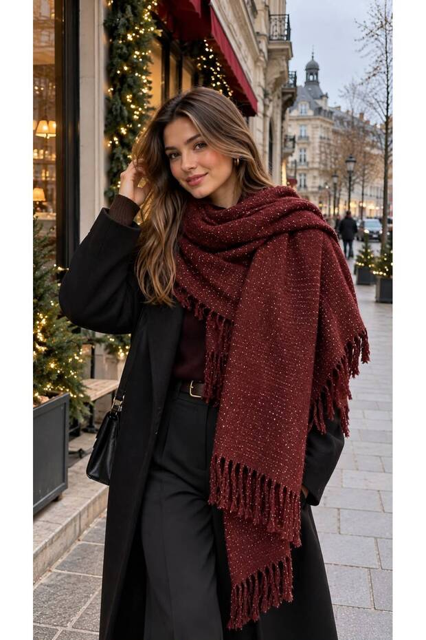 Burgundy Shiny Glitter Tasseled Puff Thick Women's Scarf Shawl 45X180 cm
