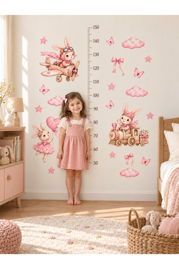 Pink Rabbit Height Chart - Wall Sticker Set 50–150 cm Baby and Children's Room Sticker