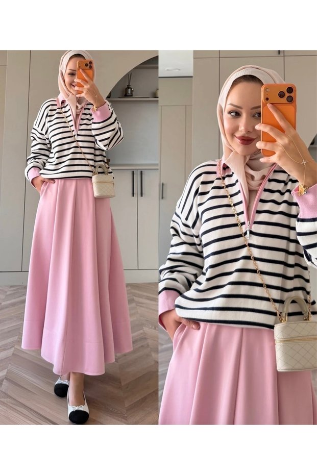 Half-Zip Polo Neck Pink Striped Knit Sweater