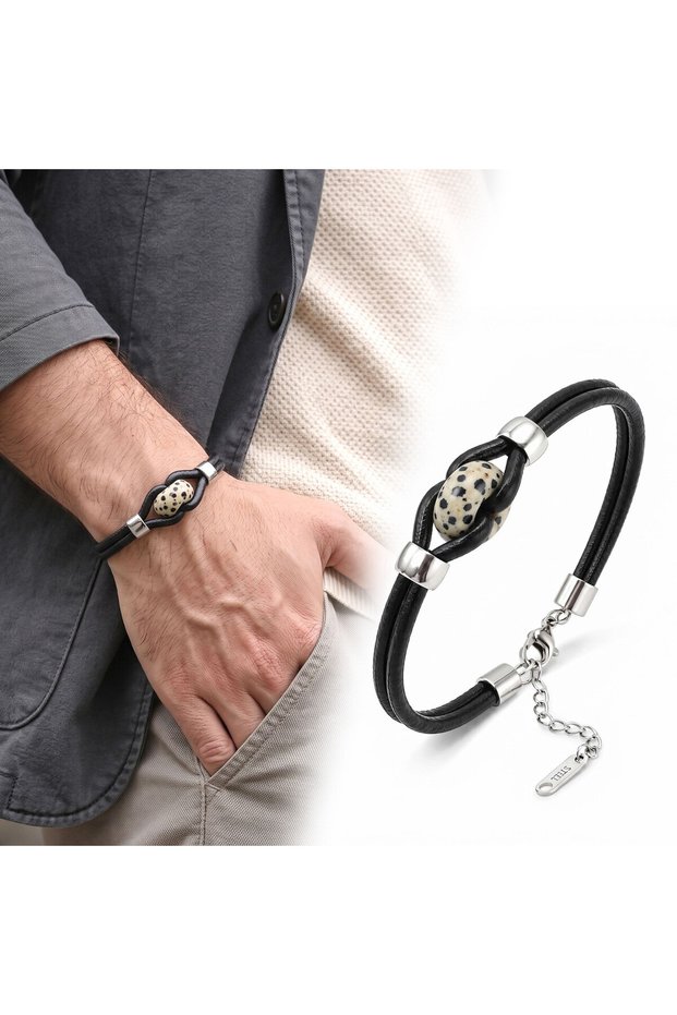 💎   Premium Shiny and Stylish Dalmatian Natural Stone Steel Adjustable Leather Men's Bracelet 31832B14D10-23Cm