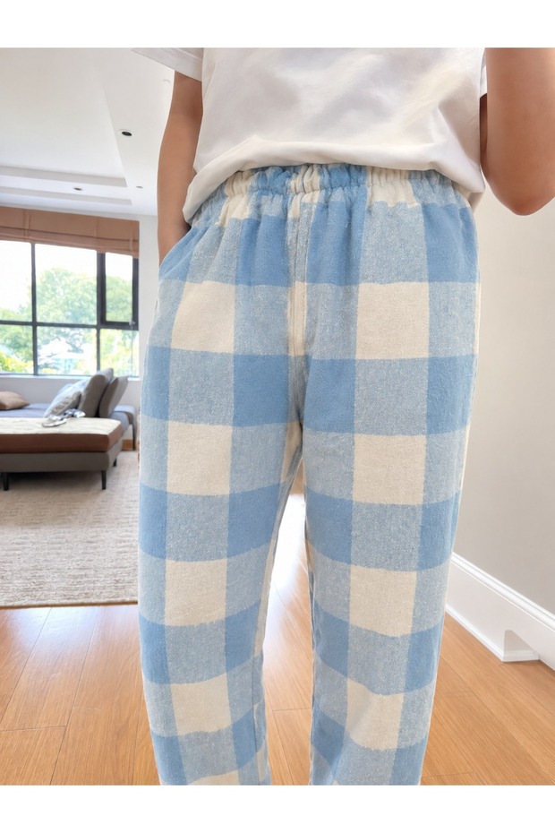 Unisex Plaid Patterned Fleece Pajama Bottoms Without Pockets Elastic Waist Comfortable Cut