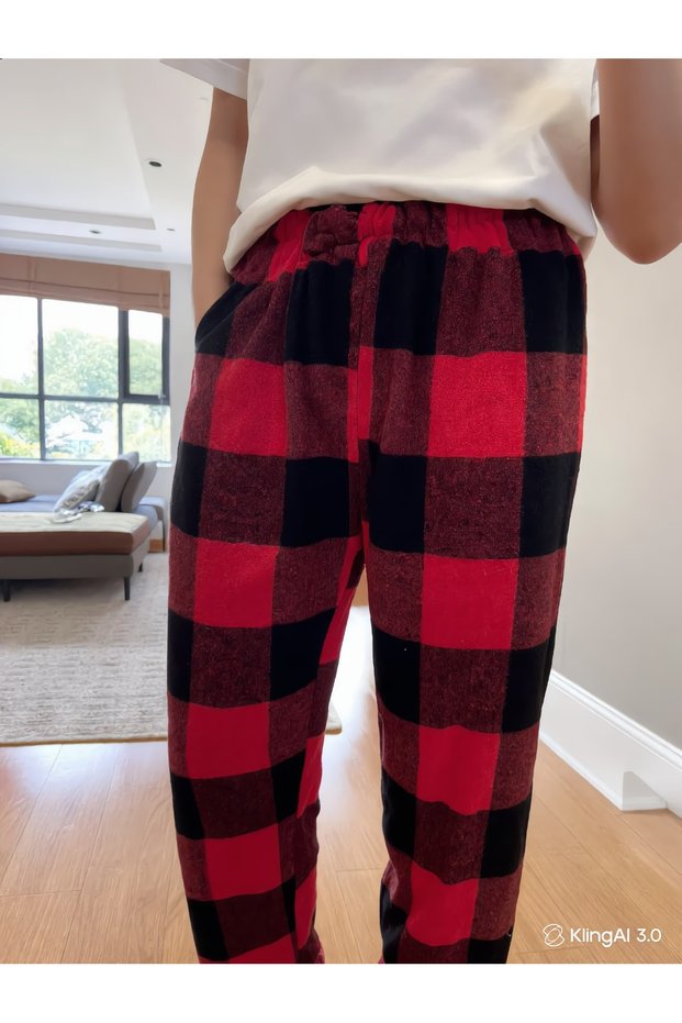Unisex Plaid Patterned Fleece Pajama Bottoms Without Pockets Elastic Waist Comfortable Cut