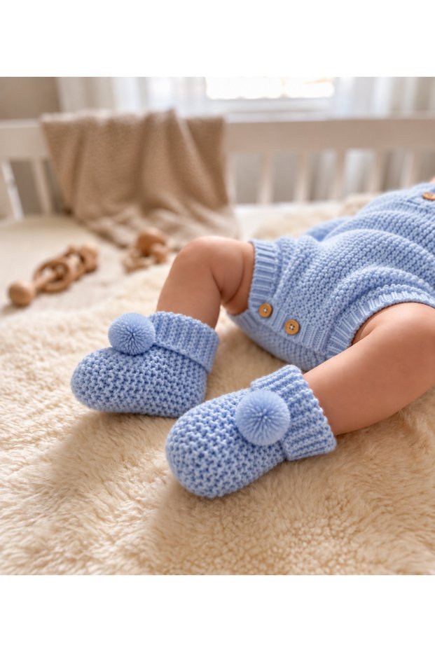 Knitted Pompom Baby Booties 0-6 Months