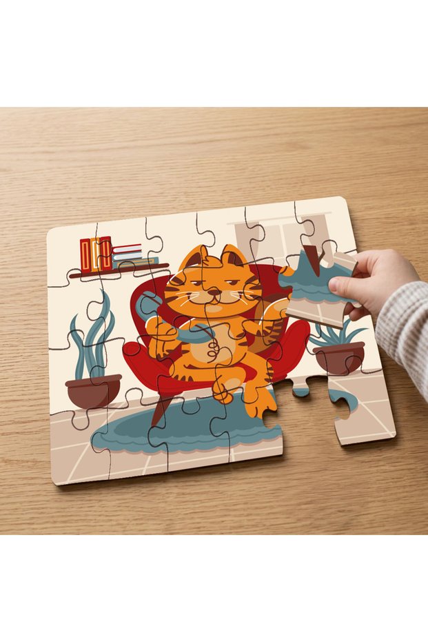 24 Piece Wooden Children's Puzzle with Orange Cat Design on the Phone