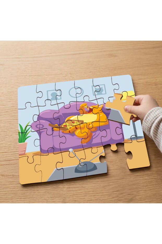 24 Piece Wooden Children's Puzzle with Cat Eating Pizza Design