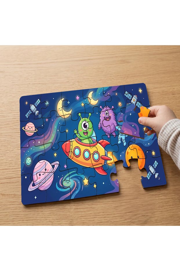 24 Piece Wooden Children's Puzzle with Cute Monsters Design in Space