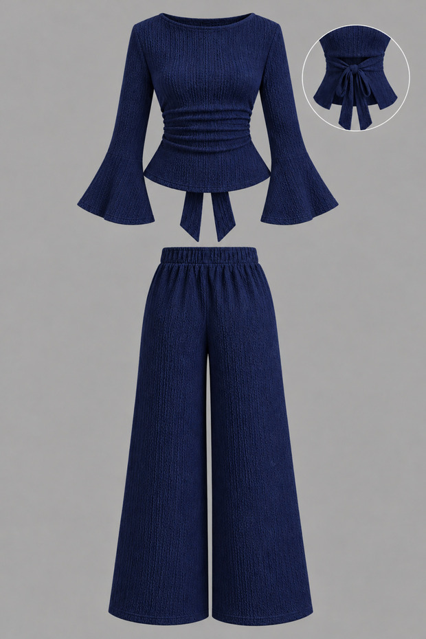 Navy Blue Distressed Fabric Spanish Sleeve Back Detailing Crop Top and Bottom Set
