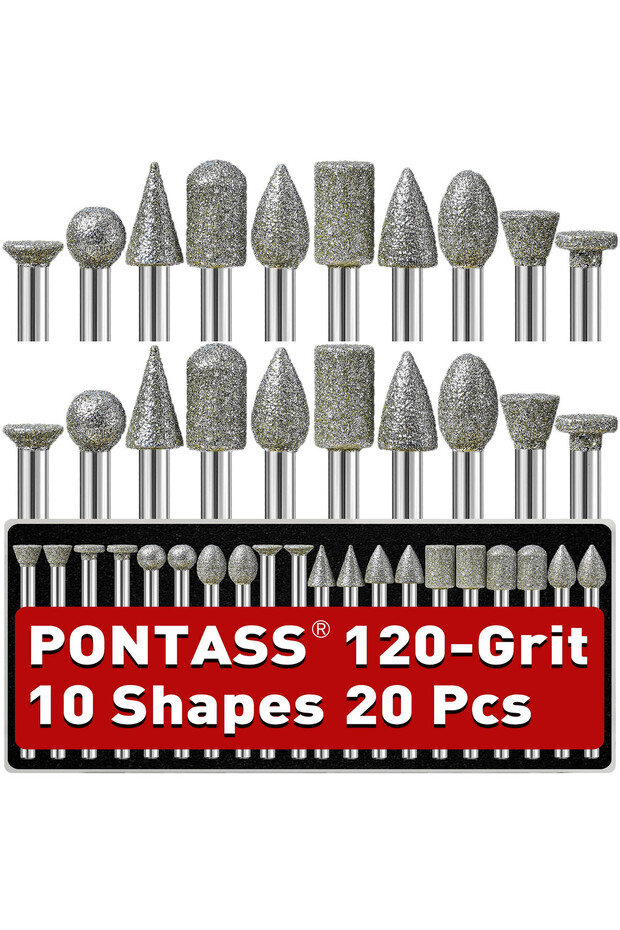 20pcs-120grit 20Pcs 120grit Diamond Grinding Burr Bits Kit,1/8" Shank for Stone Carving & Glass Grin