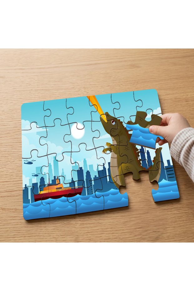 24 Piece Wooden Children's Puzzle with Fire-Breathing Godzilla Design