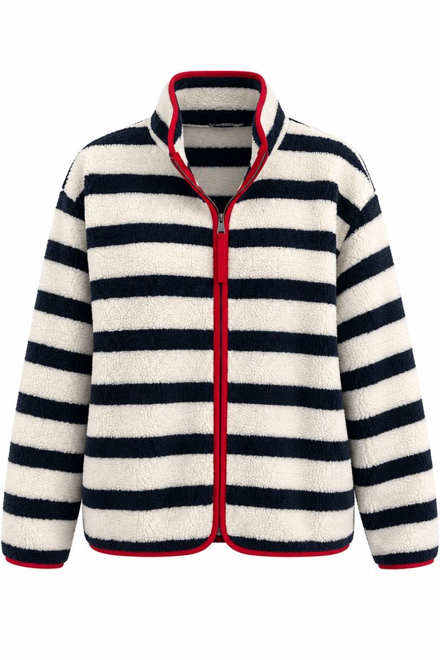 Premium Striped Zippered Fleece Cardigan - Navy Blue-Red