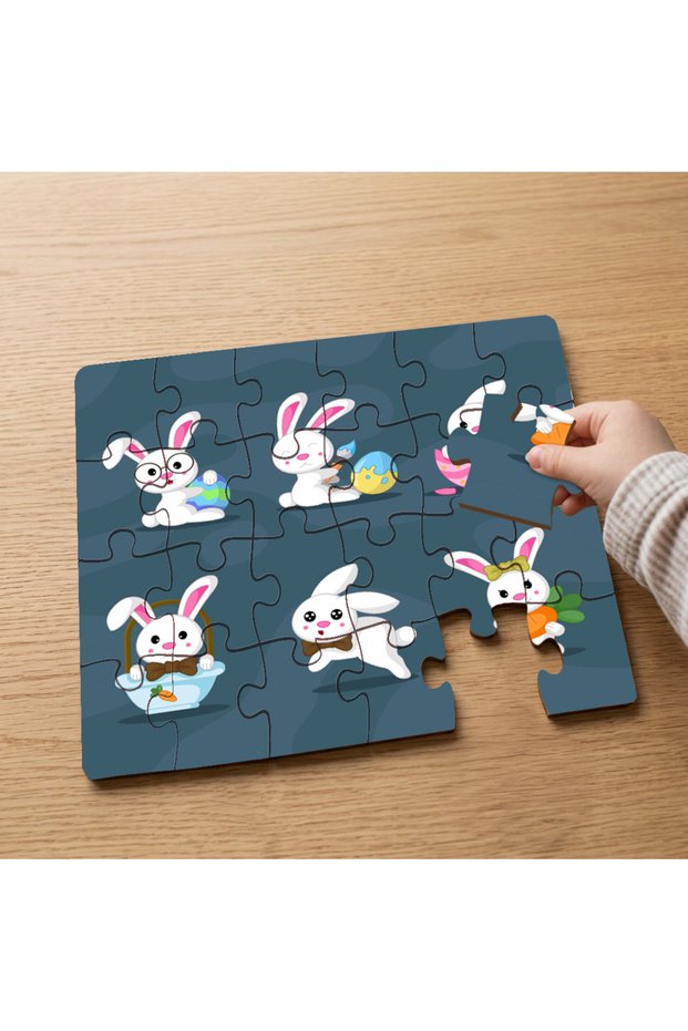 24 Piece Wooden Kids Puzzle with Easter Rabbits Collage Design
