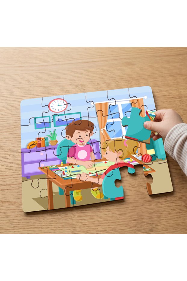 24 Piece Wooden Children's Puzzle with Happy Kids Playing Game Design