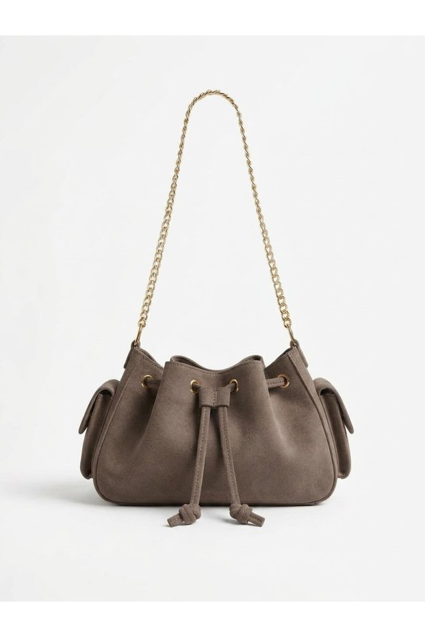 Suede Hand and Shoulder Bag with Side Pockets and Drawstring Closure