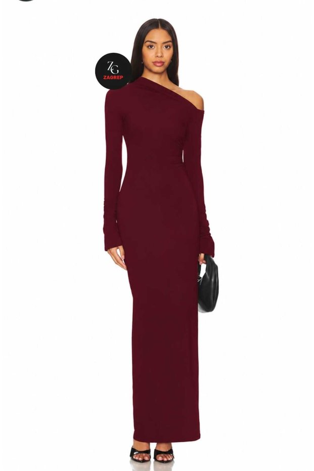 Women's Burgundy Asymmetrical Collar Silk Jersey Lined Maxi Dress