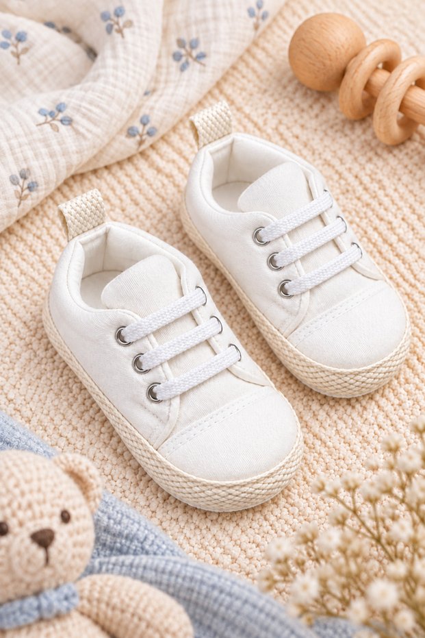 White Lace-Up Fabric Textured Knitted Sole Detailed Soft Sole Unisex Baby Sports Booties Shoes (4-12 Months / 18-19 Number) - Lnc-5206