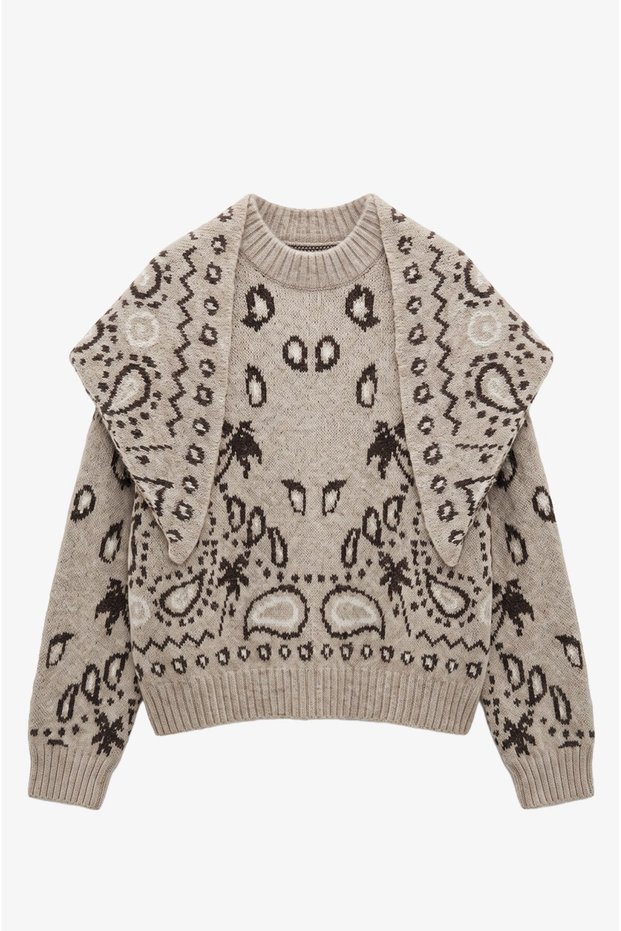 Beige Ethnic Patterned Shawl Sweater