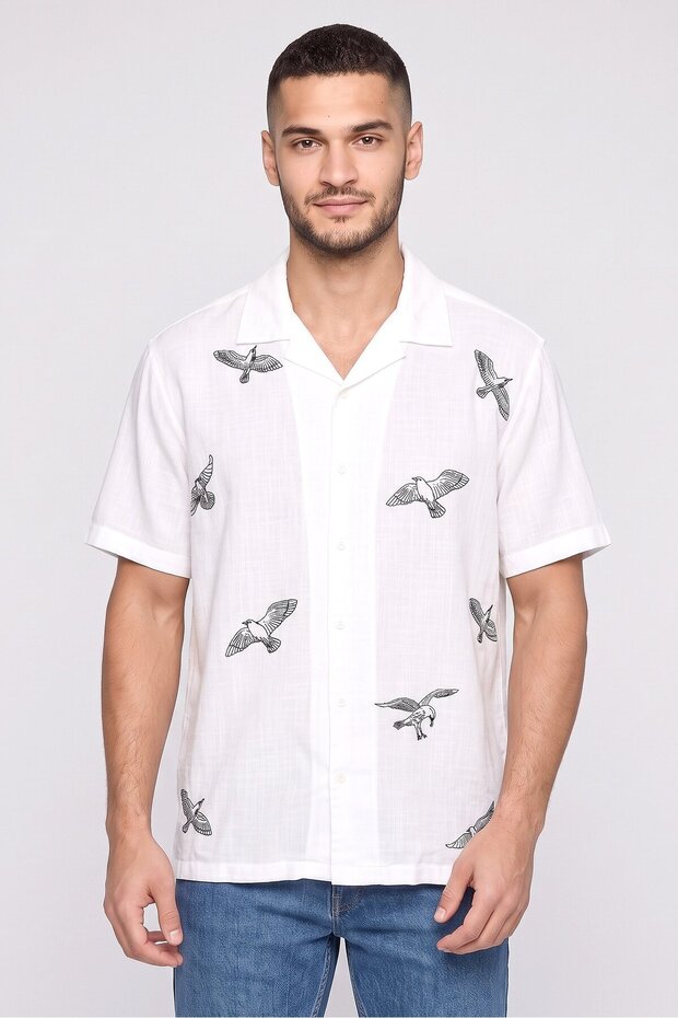 Men Relaxed Fit Short Sleeve Embroidered Casual Shirt, White