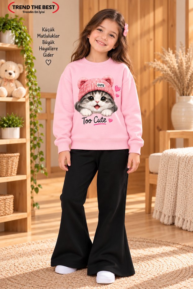 Winter, Spring, and Autumn Girls' Black Spanish Flared Bottoms and Pink Sweat Top