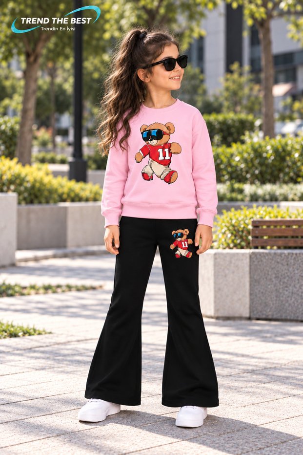 Winter, Spring, and Autumn Girls' Black Spanish Flared Bottoms and Pink Sweat Top