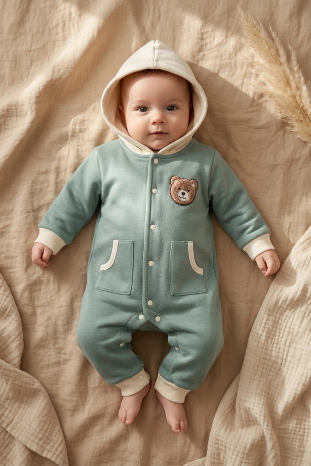 Milo Teddy Embroidered Hooded Baby Romper - 100% Cotton Soft Texture, Pastel Unisex Baby Jumpsuit