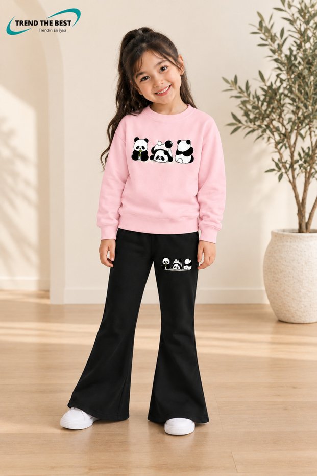 Winter, Spring, and Autumn Girls' Black Spanish Flared Bottoms and Pink Sweat Top