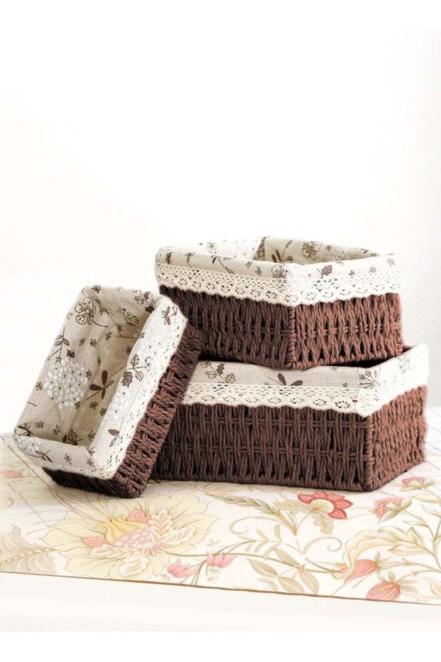 3PCS Woven Storage Basket , Decorative Paper Rope Organizer Bins with Floral Linen Liner and Lace, Rustic Storage Boxes for Bathroom, Bedroom, Office
