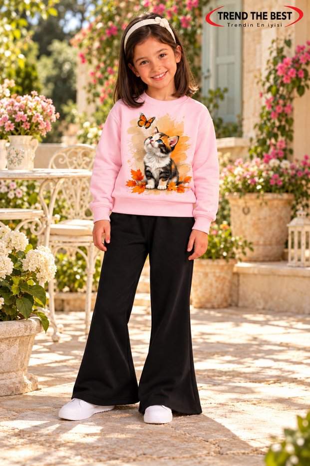 Winter, Spring, and Autumn Girls' Black Spanish Flared Bottoms and Pink Sweat Top