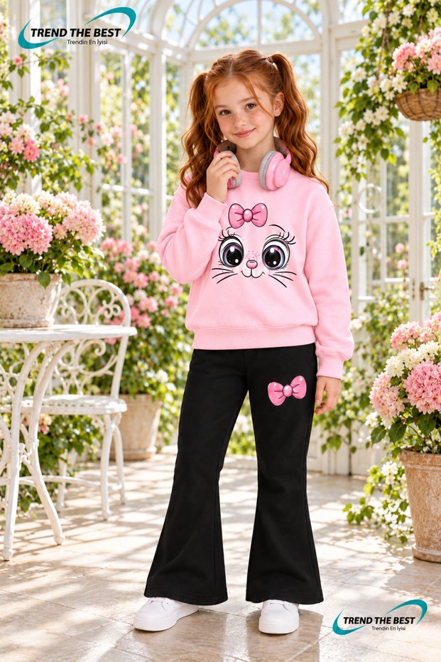 Winter, Spring, and Autumn Girls' Black Spanish Flared Bottoms and Pink Sweat Top