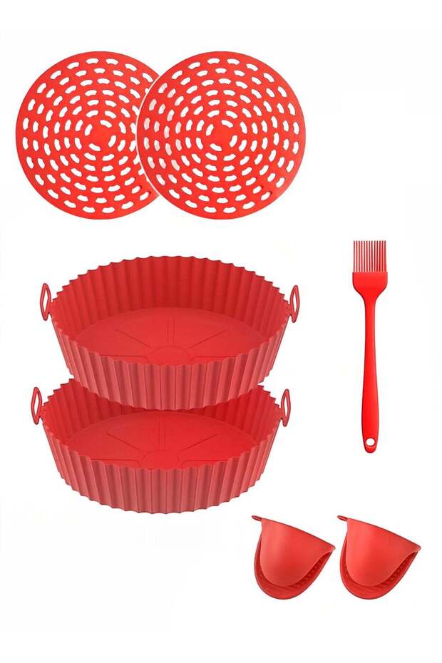 7PCS Air Fryer Silicone Liners Set, Reusable Non-Stick Silicone Air Fryer Basket with Oil Brush, Oven Mitts & Air Fryer Mats, Heat Resistant Food Grade Air Fryer Accessories for 3-5 QT Air Fryer