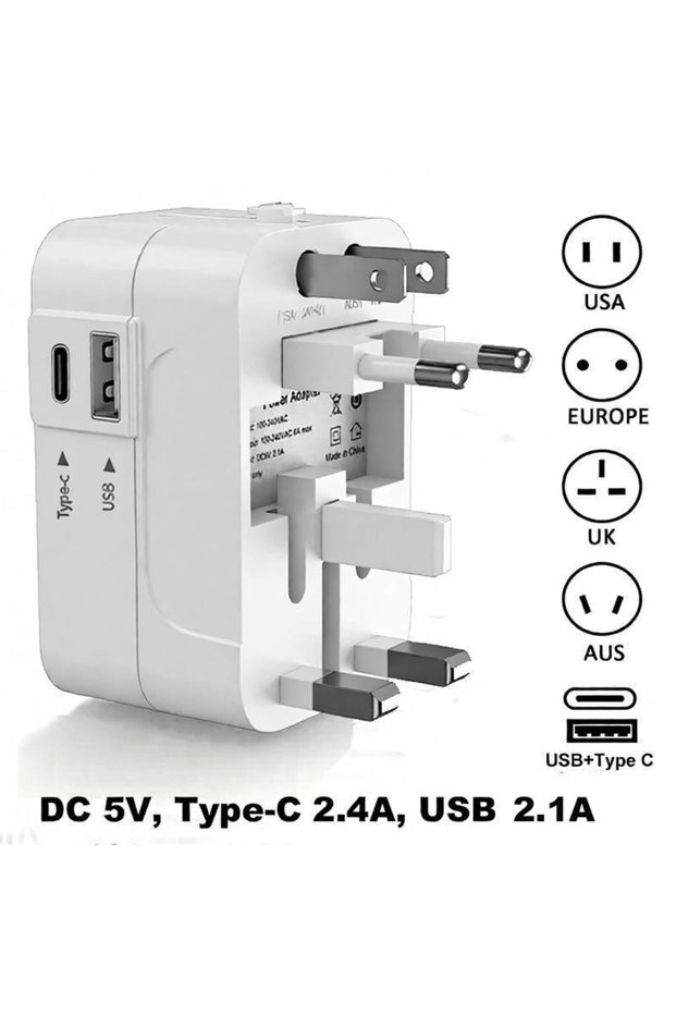 100-240V 1 USB and Type C WHITE All-in-one Universal Travel Adapter EU UK US AU AC Power Charger Ada