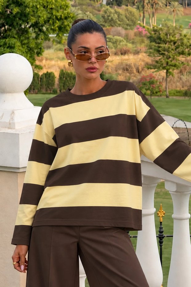 Women's Yellow Brown Thick Striped Crew Neck Oversize Sweatshirt