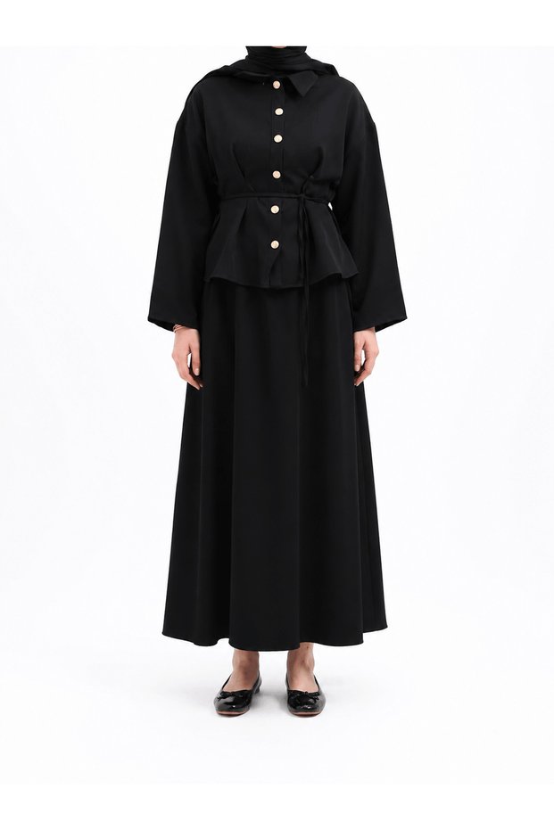 Gold Buttoned Waistband Skirt Suit - 5744 - Black