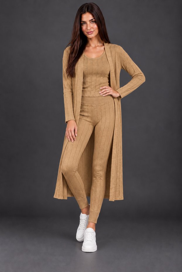 Women's Three-Piece Set Round Neck Sleeveless Blouse Open Front Long Cardigan Elastic Waist Leggings Pants Woven Detail Soft Textured Stylish Casual Camel Knitwear Set