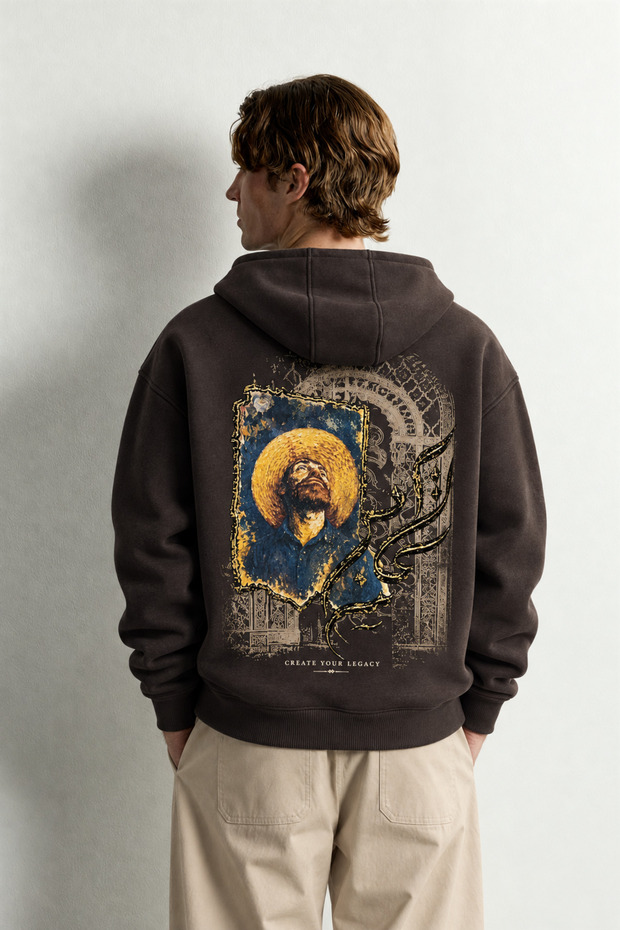 Men's Van Gogh Patch Printed Hooded Oversize Sweatshirt