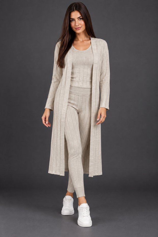 Women's Three-Piece Set Round Neck Sleeveless Blouse Open Front Long Cardigan Elastic Waist Leggings Pants Woven Detail Soft Textured Stylish Casual Beige Knitwear Set