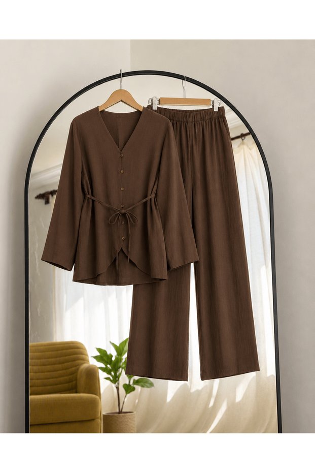 V-Neck Buttoned Trousers Suit - Pck - 6188 - Bitter Brown
