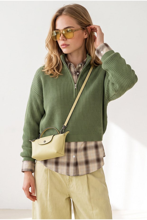 Women's Green Stand Collar Zippered Crop Knitwear Sweater Kzk-19001195