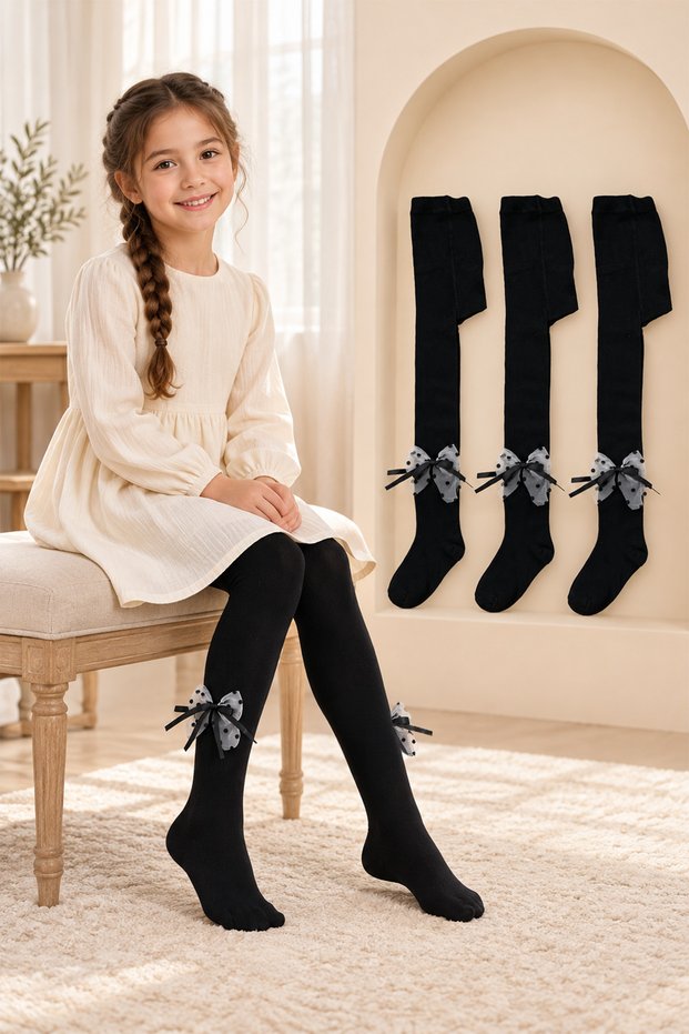 Girl's 3-Piece Premium Black Pantyhose Set with Ribbon Detail