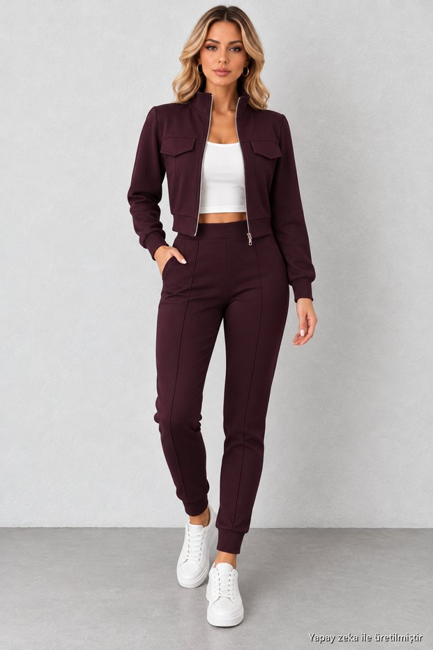 Women's Long Sleeve Stand Collar Front Zipper Pocket Detailed Short Modal Jacket and High Waist Slim Fit Pants Two-Piece Set Casual Stylish Sports Set