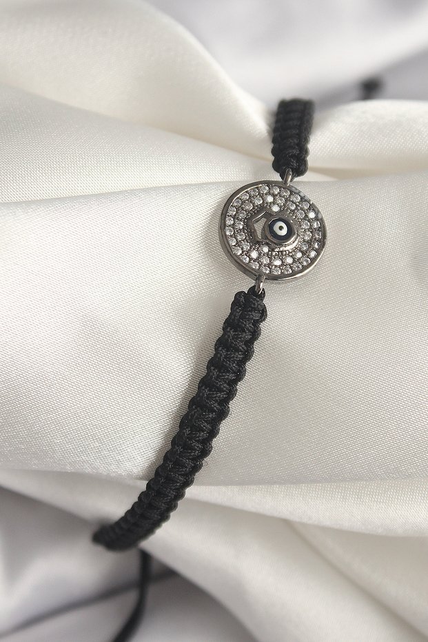 Brass Smoked Color Zircon Stone Evil Eye Bead Embellished Macrame Elevator Model Women's Bracelet