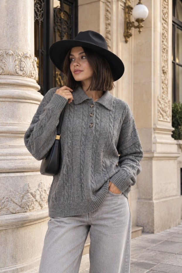 Women's Buttoned Shirt Collar Hair Knitwear Sweater